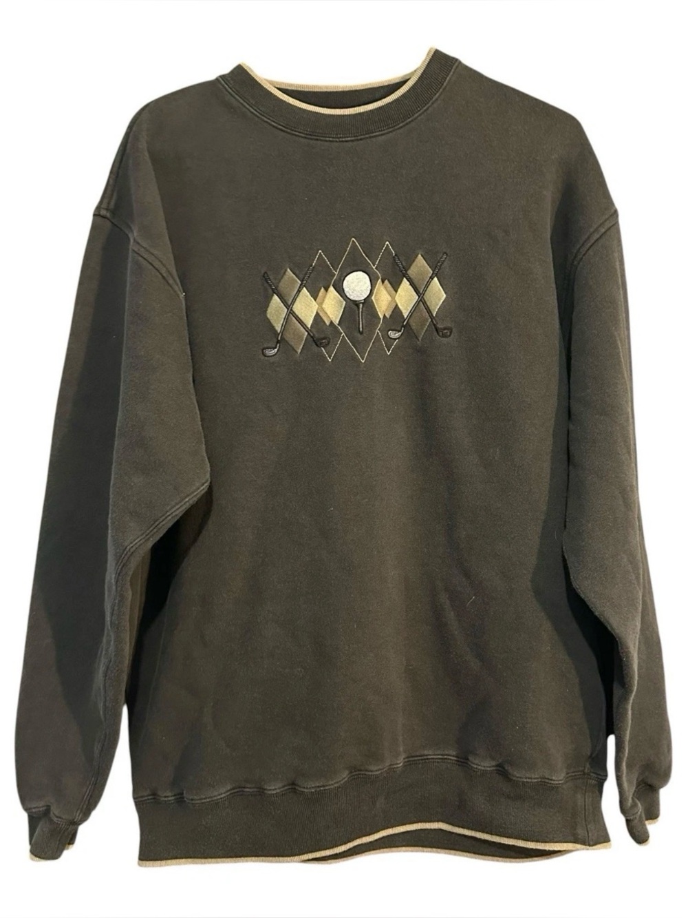 Vintage Golf Sweater Mens size L Argyle Embroidered Clubs Brown Crew Neck Y2K